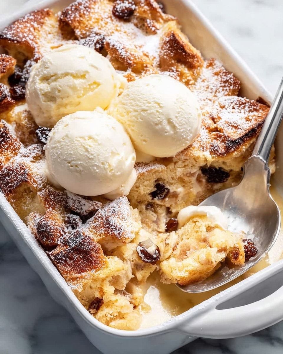 The image shows a white rectangular baking dish filled with a bread pudding dessert made of golden-brown toasted bread pieces with some dark raisins scattered throughout. The bread has a textured, slightly crusty surface dusted with powdered sugar. On top, three smooth, round scoops of vanilla ice cream sit near the center, beginning to melt onto the warm bread pudding. A spoon is placed inside the dish on the right side, scooping up some soft, moist bread and raisins. The dish rests on a white marbled surface. Photo taken with an iphone --ar 4:5 --v 7