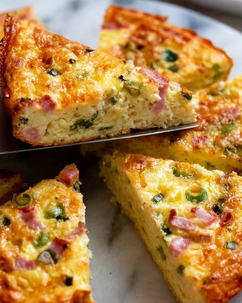 A close-up of a golden-brown omelette cut into triangular slices on a white plate, showing a fluffy texture with visible pieces of green onions and small pink ham bits inside. The top layer is smooth and slightly crispy with a warm yellow and light orange hue. One slice is being lifted by a metal spatula, revealing the soft, light yellow inside mixed with scattered green and pink ingredients. The white marbled surface beneath adds a clean and bright background. photo taken with an iphone --ar 4:5 --v 7