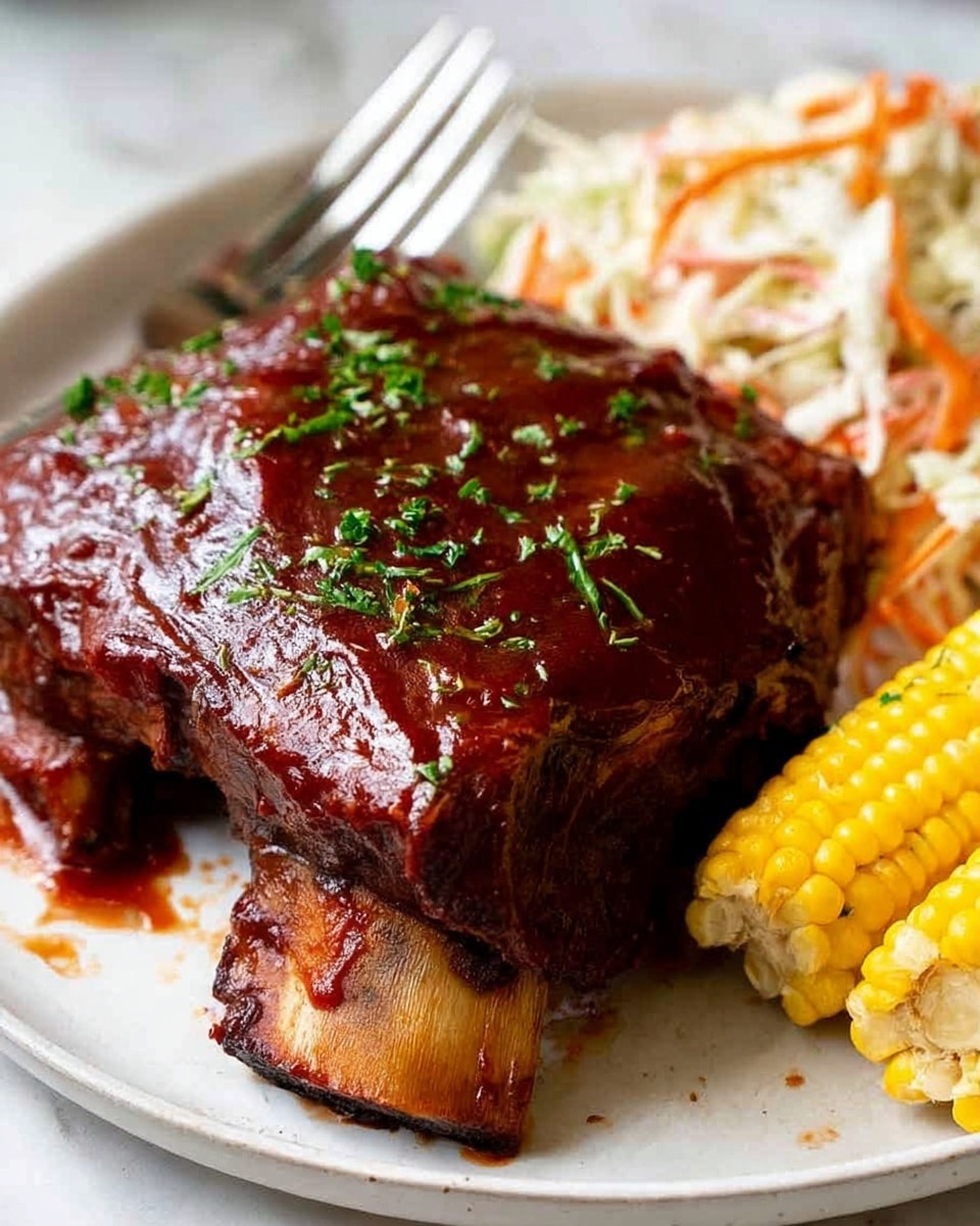 A close-up of a white plate holding a large piece of beef short rib covered with a thick, glossy, dark brown sauce, with small green herb bits sprinkled on top. The meat layer is very tender-looking and rests at the center of the plate, with the bone visible at the bottom left. To the right of the meat, there is a side of creamy coleslaw made of shredded white cabbage and carrots, adding a mix of white and orange colors. In the foreground, two small, bright yellow corn cob sections are placed close to the rim of the plate. A silver fork lies on the left side of the plate on a white marbled surface. Photo taken with an iphone --ar 4:5 --v 7