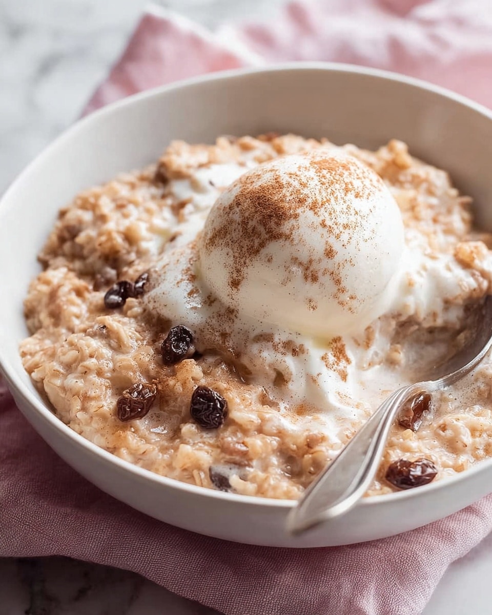 A close-up image of a creamy oatmeal dish served in a white bowl on a pink cloth over a white marbled surface. The oatmeal has a textured, soft beige color with visible plump raisins mixed in. On top of the oatmeal, there is a smooth, round scoop of vanilla ice cream sprinkled with a light dusting of cinnamon powder. A spoon is partially inserted into the oatmeal on the right side of the bowl. photo taken with an iphone --ar 4:5 --v 7