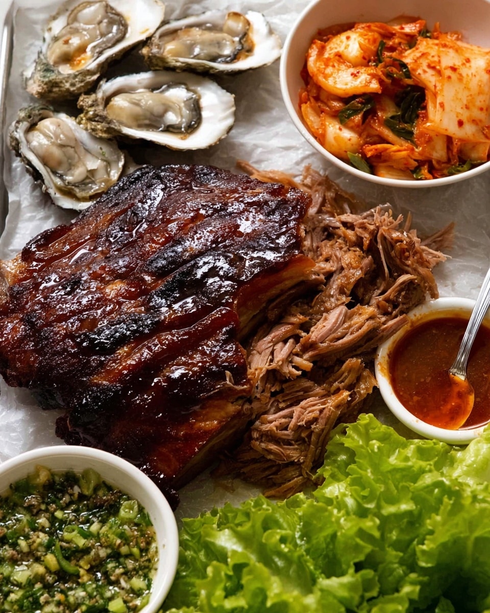 A large piece of dark brown, glazed, roasted meat with a crispy outer layer sits center on a white plate with a white marbled texture under it. To the right, shredded meat is being lifted with tongs, showing tender, light tan fibers inside. Above the meat, a small white bowl filled with orange kimchi with green and white pieces adds color. In the top left corner, several opened oyster shells with pale gray insides are stacked. At the bottom left, a black bowl contains a coarse green sauce with bits of garlic or onion. Fresh, bright green lettuce leaves are placed next to a small white cup filled with reddish-brown dipping sauce with a spoon in it. Photo taken with an iphone --ar 4:5 --v 7