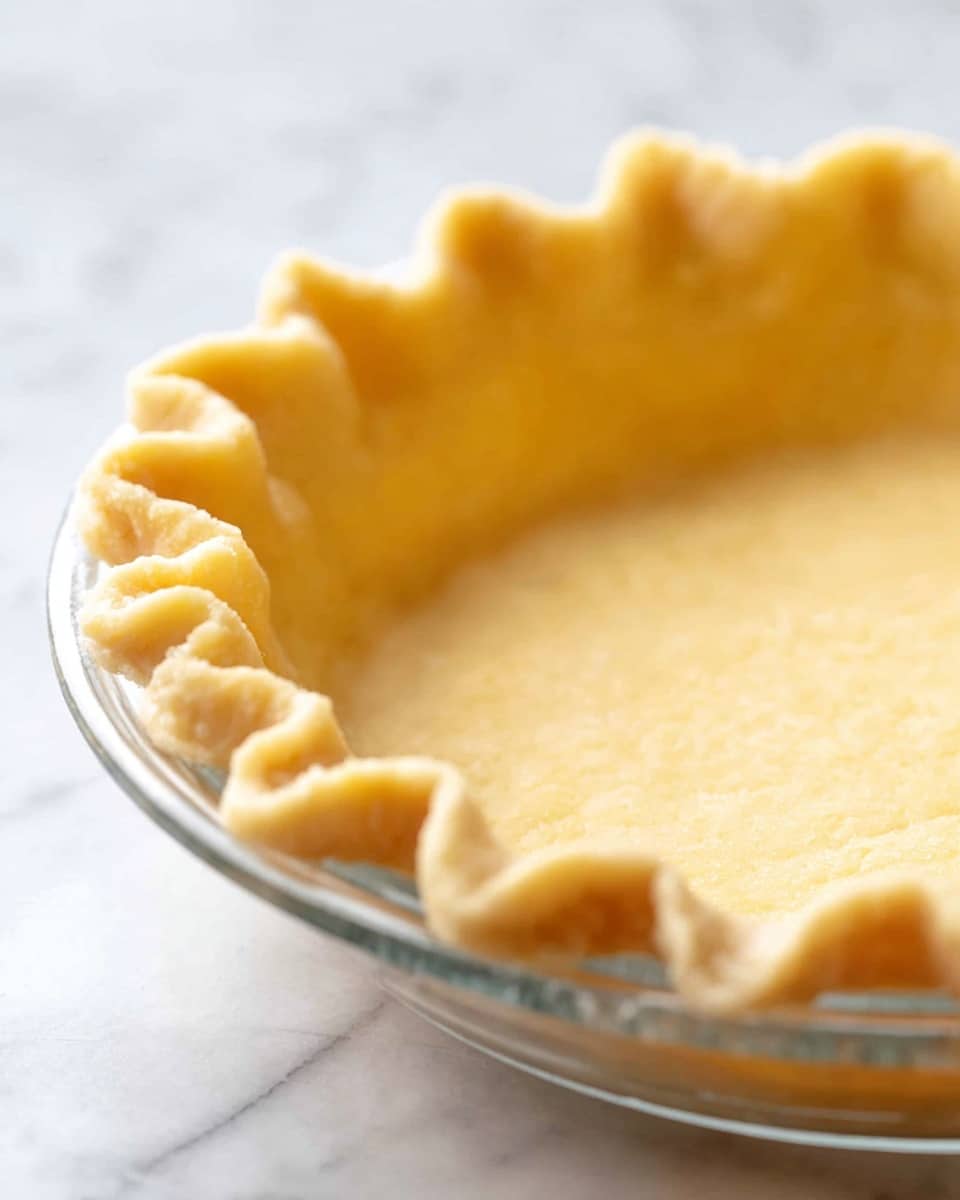 The image shows an unbaked pie crust in a clear glass pie dish. The crust is pale yellow and evenly spread, with a smooth bottom layer. The edges are crimped in a wavy pattern around the entire pie dish's rim, giving it a textured border. The dish sits on a white marbled surface. photo taken with an iphone --ar 4:5 --v 7