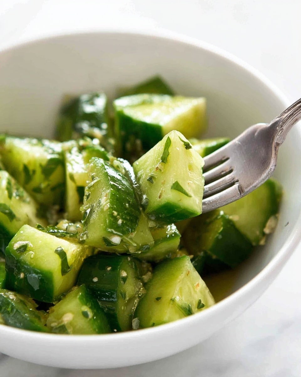 A close-up view of a white bowl filled with fresh cucumber pieces, chopped into uneven thick chunks with a vibrant green peel and a lighter, juicy inside. The cucumber pieces are mixed with small bits of green herbs scattered throughout, and a light dressing, slightly glossy and textured with tiny bits of garlic or seasoning. A silver fork presses into one cucumber piece, making it slightly squished and showing its soft inside. The background is a white marbled texture, giving a clean and fresh look. photo taken with an iphone --ar 4:5 --v 7