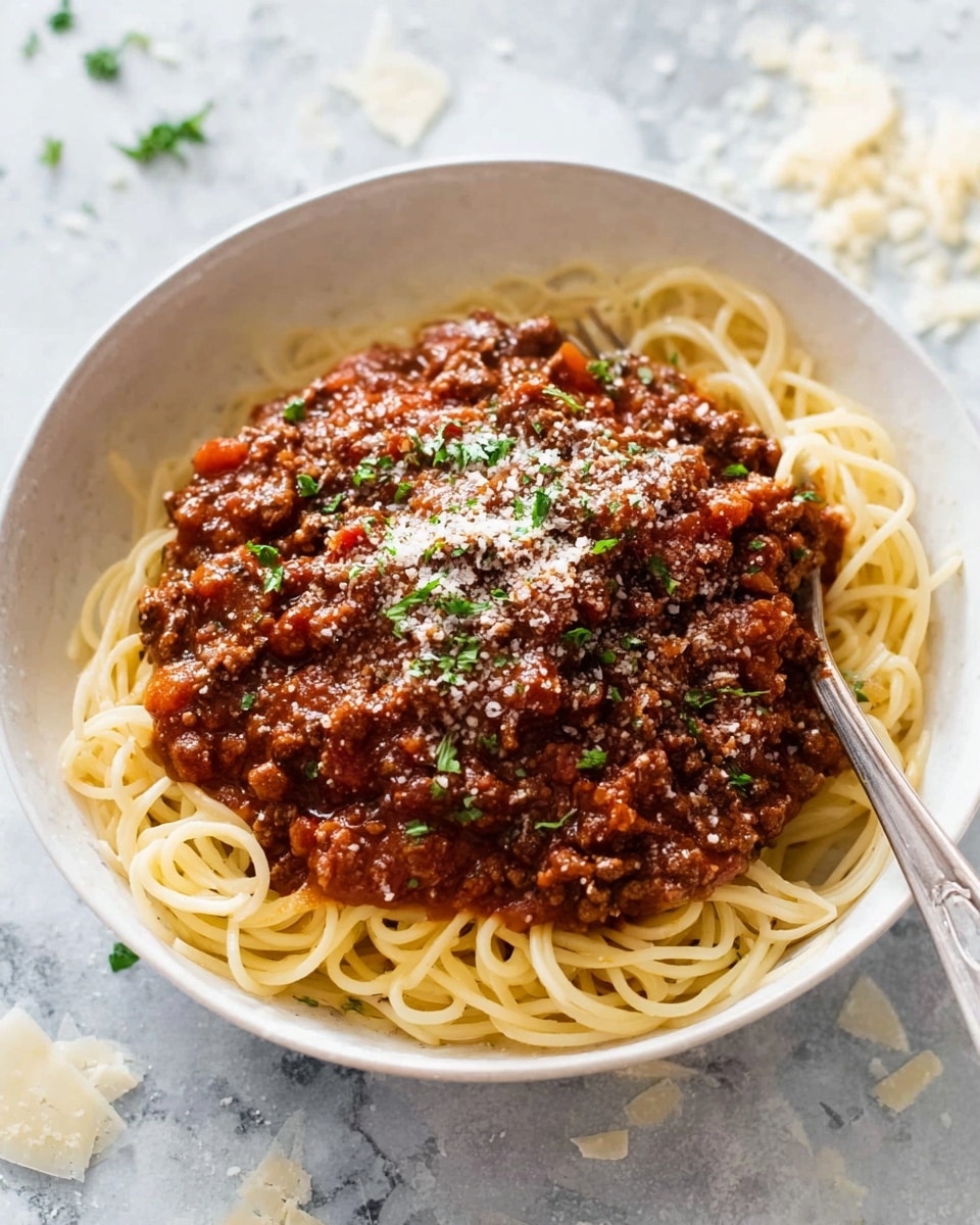 A white bowl holds a serving of spaghetti with three distinct layers. The bottom layer is pale yellow spaghetti noodles arranged loosely in a circular shape. On top is a thick and chunky brown-red meat sauce with visible bits of ground meat and small tomato pieces. The top layer is a light sprinkle of grated pale yellow cheese and small green herb pieces scattered over the sauce. In the background, a fork is partially visible resting in the bowl, and the bowl sits on a white marbled surface. photo taken with an iphone --ar 4:5 --v 7
