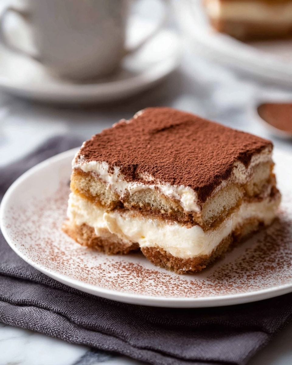 A slice of tiramisu on a white plate, showing three visible layers: the bottom layer is a light brown soaked cake, the middle layer is thick and creamy white mascarpone cream, topped by another soaked cake layer with a dusting of cocoa powder covering the top. The plate rests on a dark cloth, with some cocoa powder lightly scattered around the slice, and part of a white cup and saucer is blurred in the background on a white marbled surface. Photo taken with an iphone --ar 4:5 --v 7
