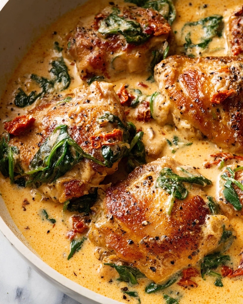 The image shows a close-up of several pieces of browned chicken thighs in a creamy light orange sauce, with wilted dark green spinach leaves and small strips of reddish-brown sun-dried tomatoes scattered throughout. The chicken pieces have a slightly crispy texture with visible black pepper seasoning, and the creamy sauce covers parts of the chicken and pools at the bottom, giving a rich, smooth appearance. The dish is presented inside a wide cooking pan on a white marbled surface. Photo taken with an iphone --ar 4:5 --v 7