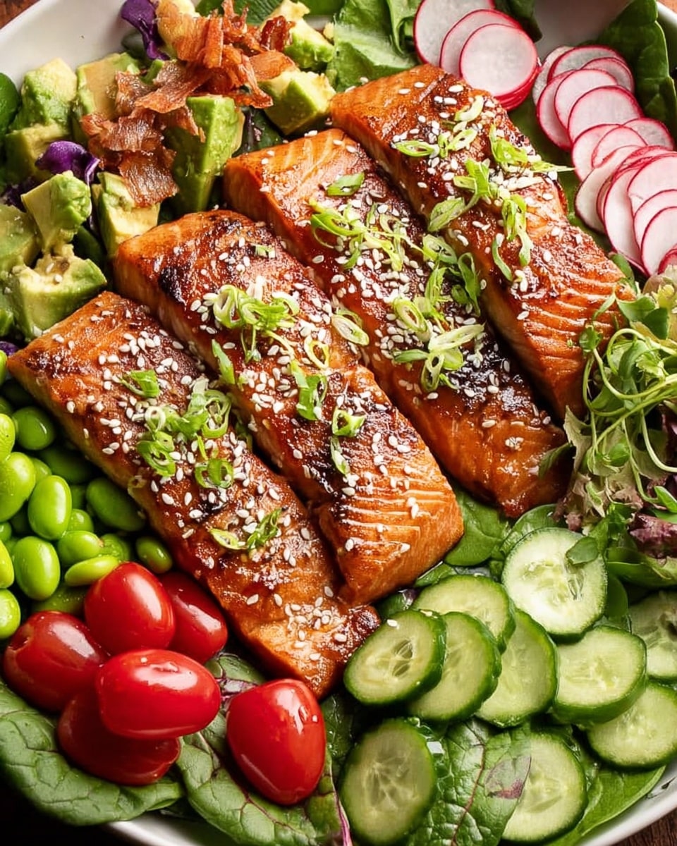 Three pieces of golden brown cooked salmon fillets with sesame seeds and chopped green onions are placed in the center of a white bowl. Around the salmon, there are several fresh and colorful salad ingredients: sliced cucumbers on the right, thin radish slices below, bright green edamame beans, halved cherry tomatoes on the left and near the bottom, diced avocado mixed with sesame seeds, and some leafy greens scattered throughout. The textures vary from smooth avocado and soft edamame to crisp radishes and crunchy fried shallots sprinkled on top. The whole dish rests on a white marbled surface. Photo taken with an iphone --ar 4:5 --v 7