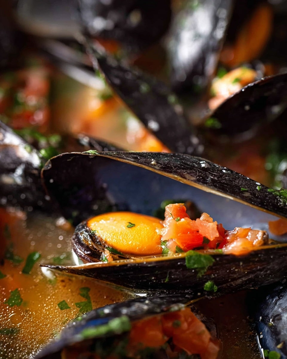 A close-up view of open mussel shells showcasing the shiny black outer shells with hints of iridescence. Inside, the soft orange mussel meat sits in a clear, slightly oily broth that has small pieces of green herbs and diced red tomatoes floating in it. The broth looks light and flavorful with droplets of oil visible, and the green herbs add a fresh touch to the warm and inviting dish. Photo taken with an iphone --ar 4:5 --v 7