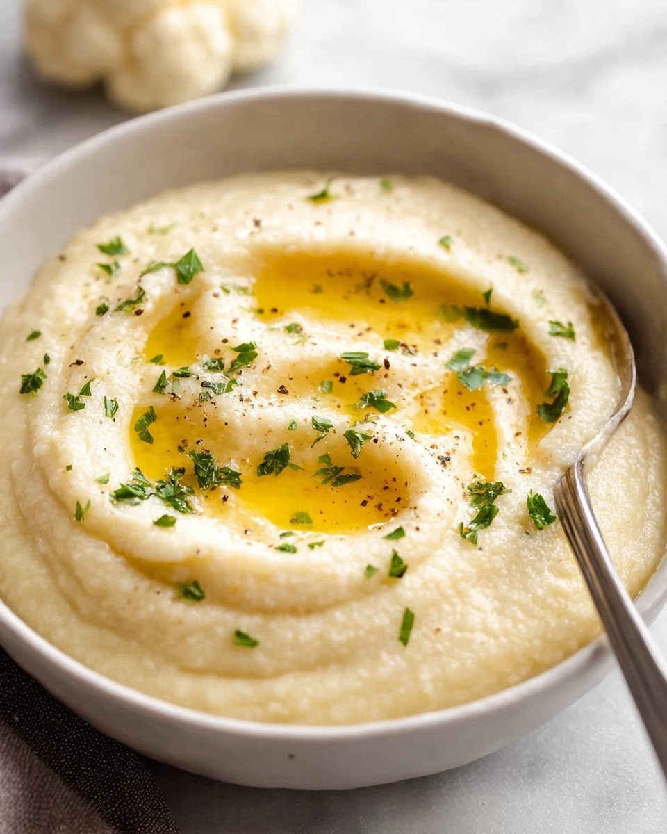 A grey bowl filled with a creamy, smooth off-white puree that covers the base evenly; on top, there are shiny golden-yellow pools of melted butter spread across the surface, catching the light, with small green herb pieces sprinkled around, adding a fresh touch, and tiny bits of black pepper scattered for contrast; a silver spoon is dipped into the puree on the right side of the bowl, slightly pressing into the soft texture, all set on a white marbled surface with a blurred white cauliflower in the background. photo taken with an iphone --ar 4:5 --v 7