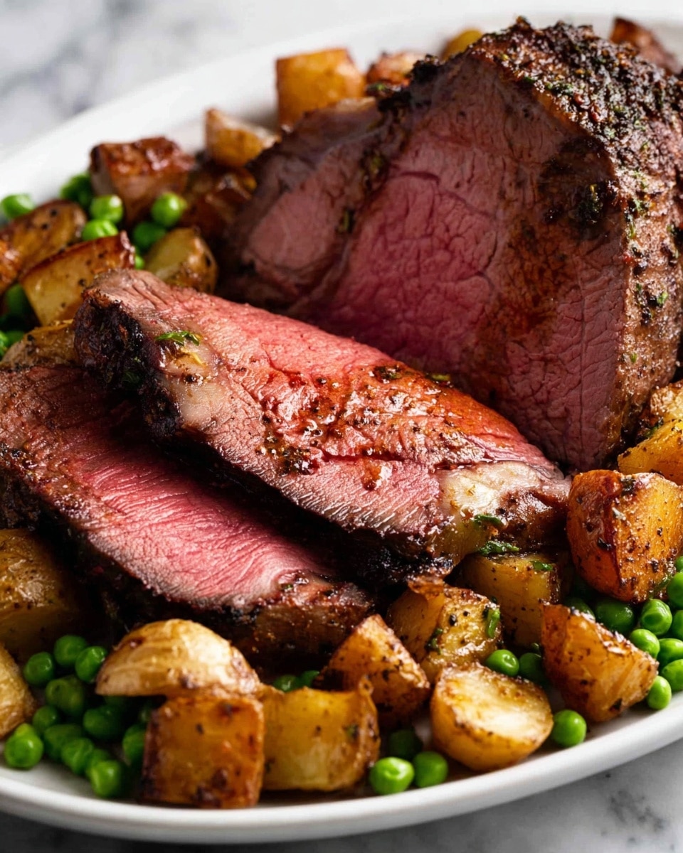 A close-up view of a white plate shows thick slices of medium-rare roast beef with a pink, juicy center and a dark, seasoned crust on the outside. Around the beef, there are golden-brown roasted potato chunks with a crispy texture and bright green peas adding a pop of color. The plate rests on a white marbled surface, highlighting the rich colors and textures of the dish. photo taken with an iphone --ar 4:5 --v 7