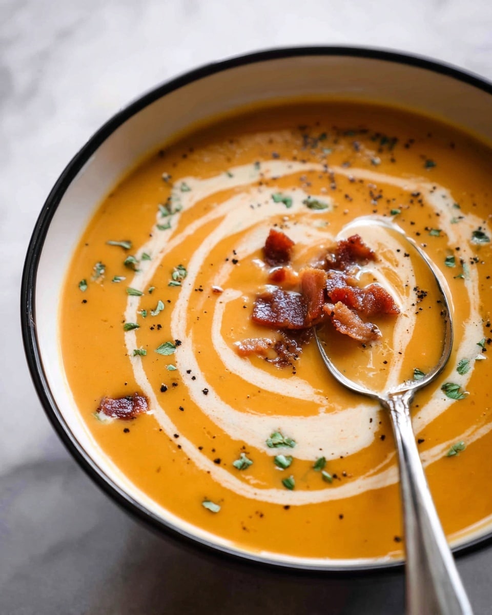 A close-up of a creamy orange soup served in a white bowl, topped with small crispy browned bacon pieces scattered on the surface. There are thin swirls of white cream mixed lightly throughout the soup, adding a smooth texture on top. Small green herb bits are sprinkled gently over the soup for color contrast. A silver spoon dips into the soup, holding some of the thick orange liquid along with a piece of bacon. The bowl rests on a white marbled texture. photo taken with an iphone --ar 4:5 --v 7