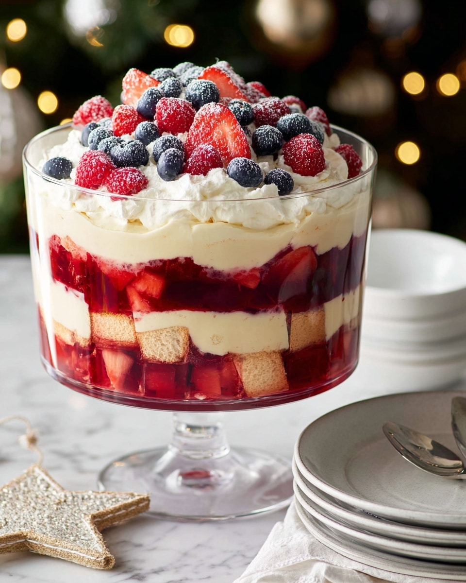 A tall clear glass trifle dish shows four layers: the bottom layer is bright red jelly with strawberries, slightly translucent and shiny; above it is a creamy pale yellow custard layer, smooth and thick; next is another red jelly layer with visible pieces of strawberries; the top layer is a thick white whipped cream with a textured surface, crowned with a mix of fresh raspberries, blueberries, and halved strawberries dusted lightly with powdered sugar. The trifle sits on a white marbled surface, surrounded by soft-focus Christmas decorations and a white cloth nearby. photo taken with an iphone --ar 4:5 --v 7