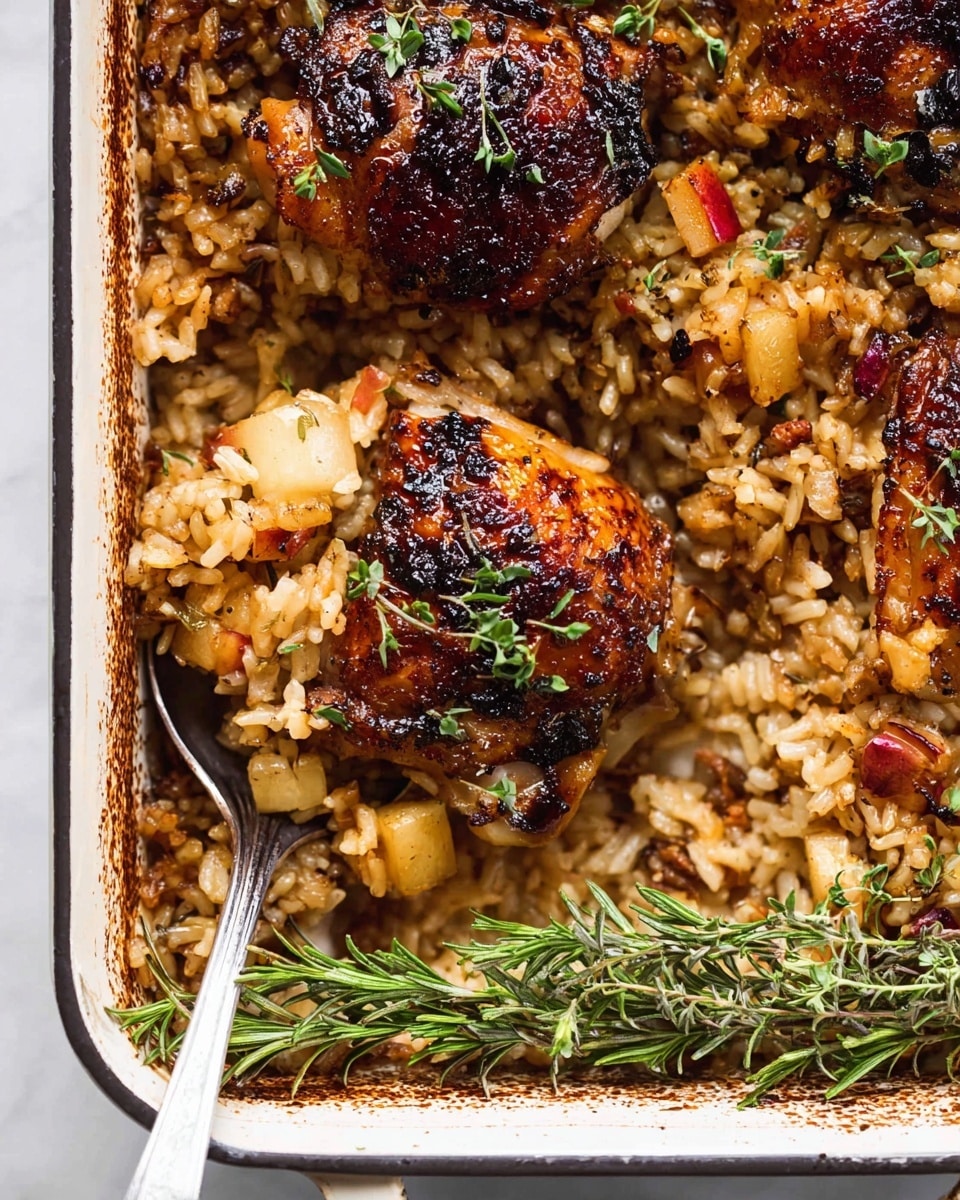 The image shows a white rectangular baking dish filled with a layered dish. The base layer is cooked rice mixed with small pieces of dark raisins, chopped nuts, and tiny green herbs, creating a textured look with shades of light brown and dark brown. Scattered on top of the rice are small cubes of red and white apple, adding a fresh touch. The main focus is two browned, glazed chicken thighs sitting directly on the rice, their skin crisp and shiny with a dark golden brown color, sprinkled with green chopped herbs. A silver spoon is holding one chicken thigh. A small sprig of fresh rosemary lies on the rice near the chicken. The whole scene is set on a white marbled surface. photo taken with an iphone --ar 4:5 --v 7