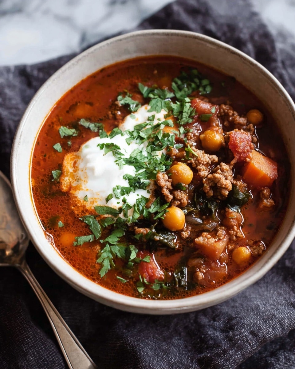 A close-up of a bowl filled with a rich, red-brown stew that has visible chunks of cooked ground meat and chickpeas throughout. The stew has a slightly oily surface with small pieces of green herbs sprinkled on top, adding a fresh contrast. In the center sits a dollop of creamy white sour cream, partially melted and garnished with more chopped green herbs. The bowl is white with faint speckles and sits on a dark textured cloth on a white marbled surface, with a spoon resting nearby. photo taken with an iphone --ar 4:5 --v 7