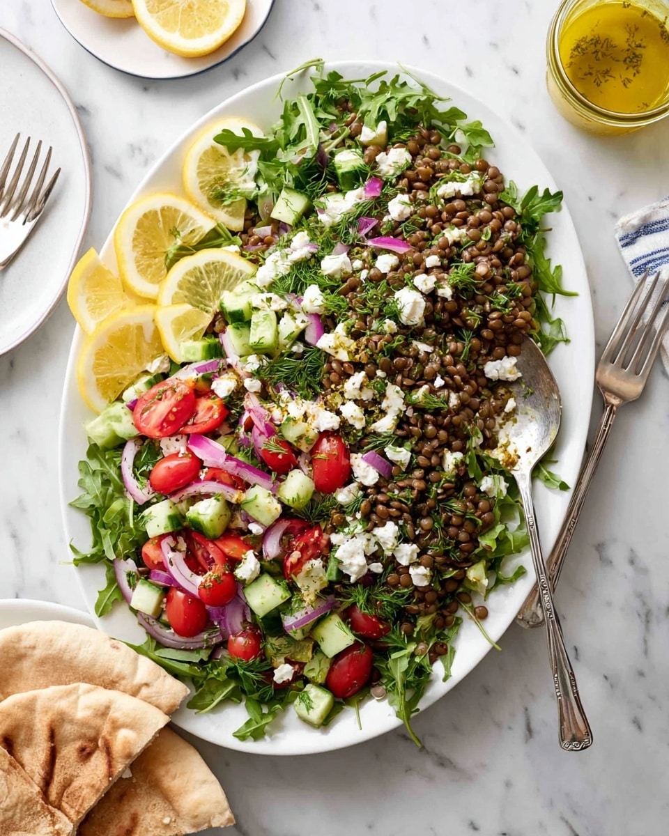 The image shows a large white plate of fresh lentil salad on a white marbled surface. The salad has a base layer of green leafy arugula, topped with layers of green lentils, halved red cherry tomatoes, diced green cucumbers, and small chunks of white feta cheese scattered across. There are also bits of purple onions and chopped green herbs mixed in. On one side of the plate, there are three lemon wedges. Two silver forks rest on the plate near the salad. To the side, a white plate with grilled pita bread and a silver fork is visible, along with a glass jar of yellow dressing with a spoon inside. Photo taken with an iphone --ar 4:5 --v 7