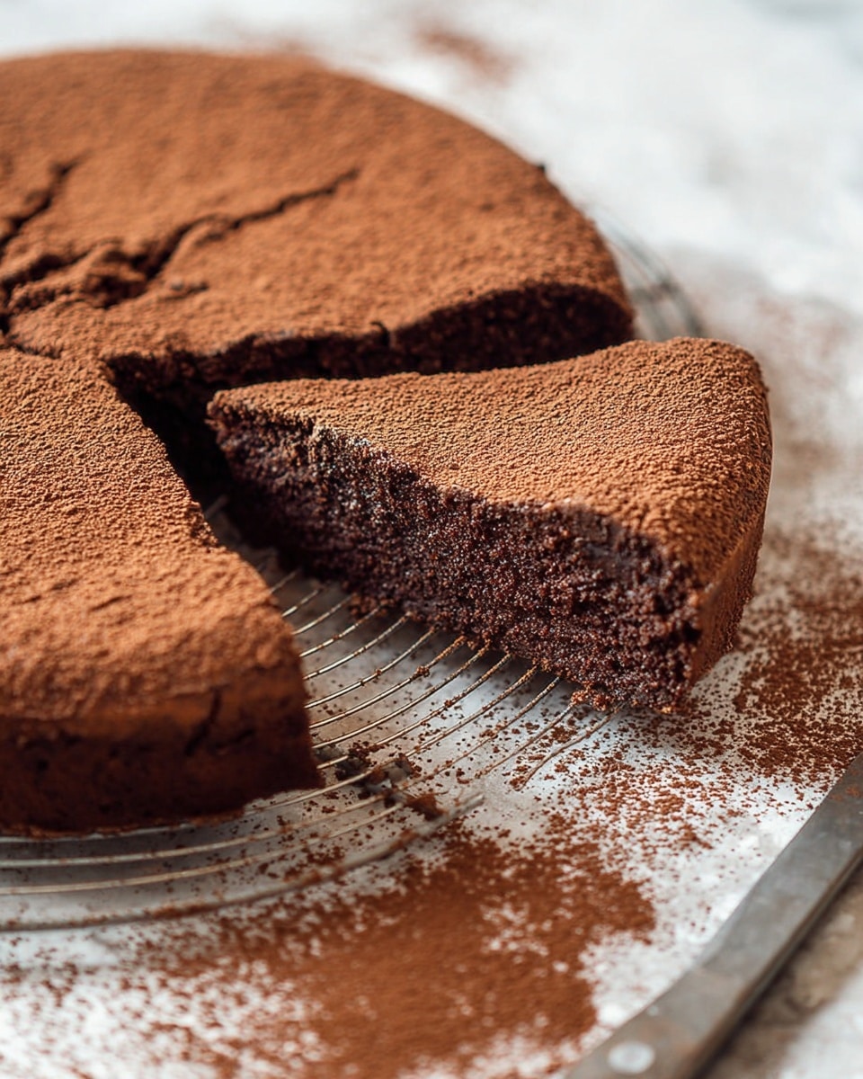 The image shows a single-layer round chocolate cake with a deep brown color and a slightly rough texture, dusted heavily with cocoa powder on top. One slice is cut out and slightly lifted from the cake, revealing a moist, dense inside with a rich chocolate tone. The cake sits on a wire rack over a white marbled surface, which also has cocoa powder scattered around. A large knife lies next to the cake with cocoa powder on it. The overall setting is simple and rustic, focusing closely on the cake's rich texture and cocoa dusting. photo taken with an iphone --ar 4:5 --v 7