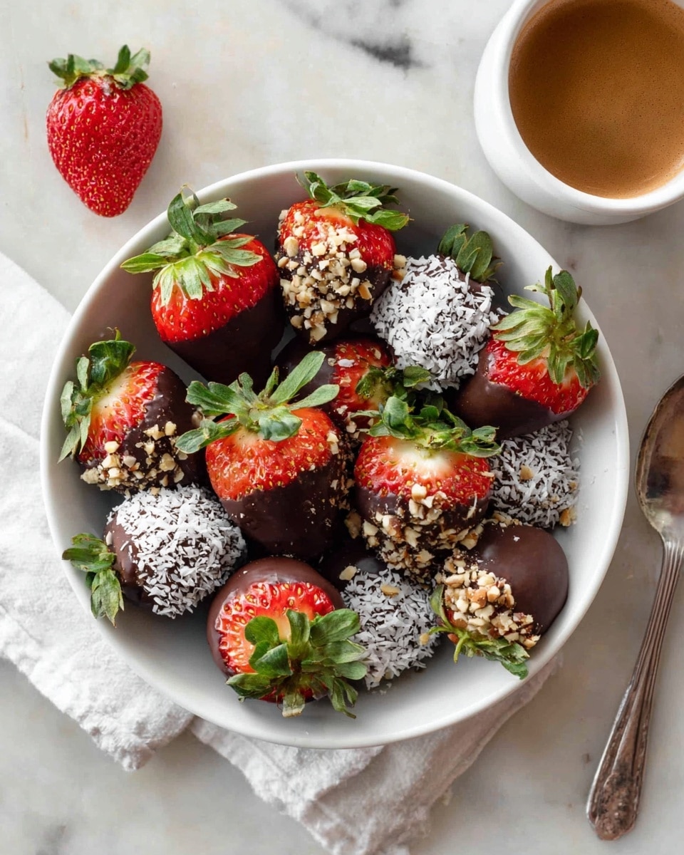 A white bowl filled with fresh strawberries mostly dipped in smooth dark chocolate, with some strawberries coated halfway in either shredded white coconut or chopped light brown nuts, the red and green of the strawberries contrast with the dark chocolate coating. One whole strawberry sits outside the bowl on the white marbled surface, and a white cup with brown coffee and a silver spoon rests in the top right corner. photo taken with an iphone --ar 4:5 --v 7