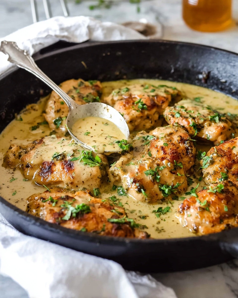A black cast iron pan filled with several pieces of browned chicken breasts covered in a thick, creamy beige sauce with herbs and mustard specks, garnished with freshly chopped green parsley on top. A silver spoon rests inside the pan with some sauce on it. The background is a white marbled texture with a glass honey jar and a white cloth blurred in the back. Photo taken with an iphone --ar 4:5 --v 7
