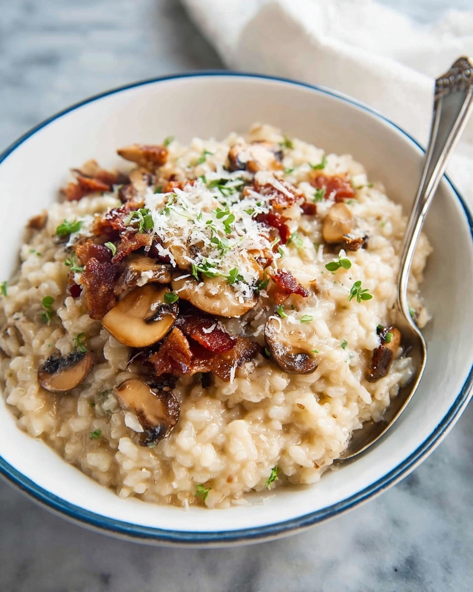 A white bowl with a blue rim holds a creamy mushroom risotto as the base layer. Mixed in and on top are cooked brown mushroom slices that have a soft texture. Crispy, dark brown bacon pieces are scattered on the mushrooms as the next layer, adding crunch. On top, finely grated white cheese is sprinkled with small bits of green herbs, giving a fresh touch. A silver spoon is partially dipped into the risotto. The bowl sits on a white marbled surface with a soft cloth nearby. photo taken with an iphone --ar 4:5 --v 7