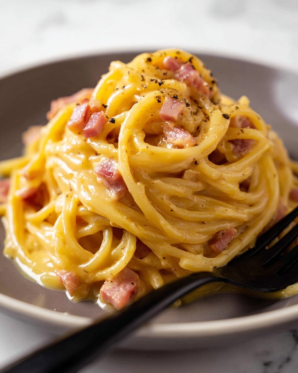 The image shows a close-up of a mound of spaghetti coated in a creamy yellow sauce with small pieces of pinkish bacon mixed in, all sitting in a shallow white plate. The pasta is twisted into a neat pile, with the sauce glistening smoothly around and between the noodles. A light sprinkling of black pepper is visible on top, adding small black dots to the creamy yellow and pink colors. At the front, a black fork rests against the spaghetti, partially inserted into the pile. The background is a white marbled texture that highlights the rich colors of the dish. Photo taken with an iphone --ar 4:5 --v 7