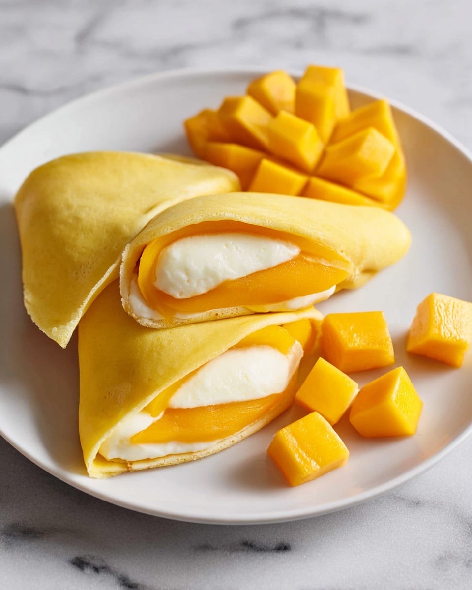 The image shows a white plate with a dessert consisting of three yellow crepe-like wraps. One wrap is whole and flat on the plate, while two are stacked on top of it, cut in half to show the inside layers. Each wrap has three layers: a smooth, thin yellow outer layer, a thick white creamy layer in the middle, and a bright orange mango layer at the center. Around the wraps, there are several small cubes of fresh mango scattered on the plate. The background has a soft white marbled texture. photo taken with an iphone --ar 4:5 --v 7