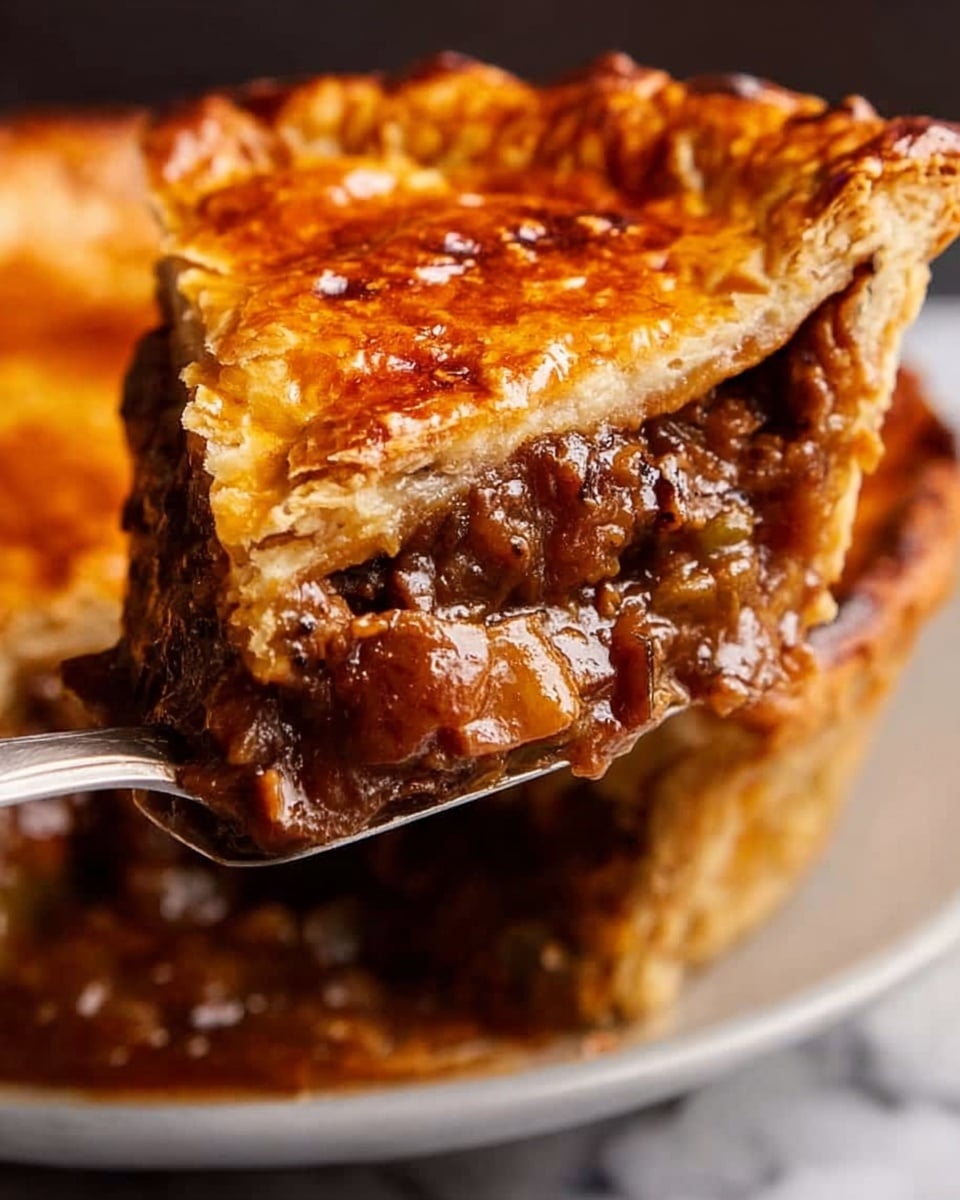 A close-up view of a meat pie slice being lifted by a spatula from a deep white pie dish on a white marbled surface, showing three main layers: the top golden-brown crust is crispy and flaky with some melted cheese spots, the middle layer is rich and glossy brown meat stew with chunks of tender beef and bits of vegetables, and the bottom layer is a slightly browned pie base crust holding the filling inside. The pie looks moist and hearty with its thick filling spilling slightly as the slice is pulled out. photo taken with an iphone --ar 4:5 --v 7