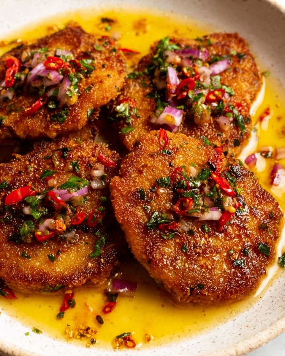 The image shows four pieces of golden-brown fried food with a crispy texture, laid on a white plate. Each piece is topped with finely chopped herbs and small bits of red and purple vegetables, adding color contrast with green, red, and purple hues. The food is surrounded by a pool of yellowish oil or sauce that has small bits of herbs and spices floating in it. The surface under the plate is white with a marbled texture. Photo taken with an iphone --ar 4:5 --v 7