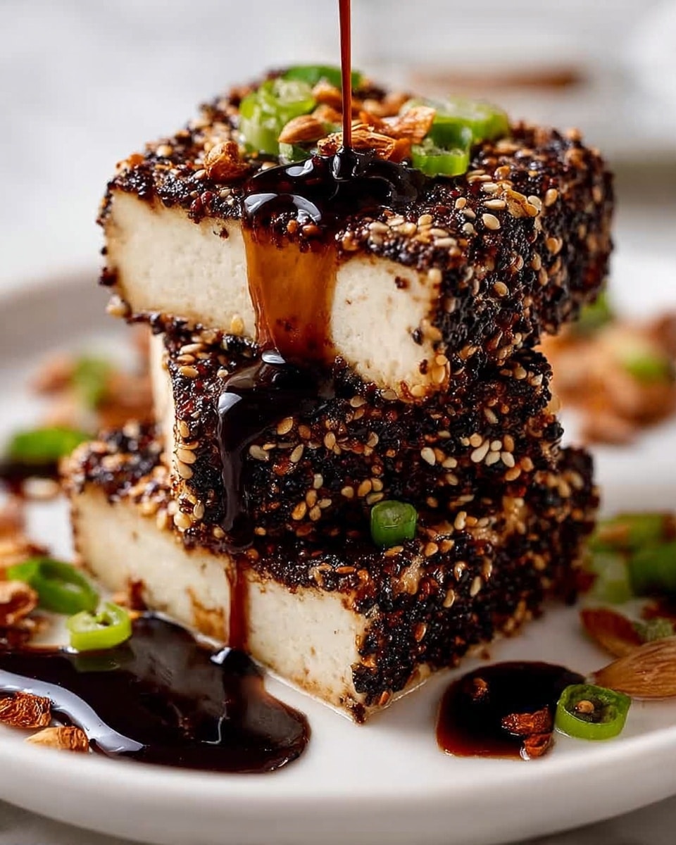 The image shows three rectangular tofu blocks stacked on top of each other on a white plate, each block coated with a dark crust of mixed white and black sesame seeds. The tofu inside is pale and smooth, contrasting with the textured outer layers. A thick, glossy dark sauce is being poured over the top block, dripping down the sides and pooling on the plate. Thin, golden-brown fried garlic slices and small bright green slices of scallion are scattered on the tofu and plate, adding color and texture. The plate sits on a white marbled surface, creating a clean and bright background. photo taken with an iphone --ar 4:5 --v 7