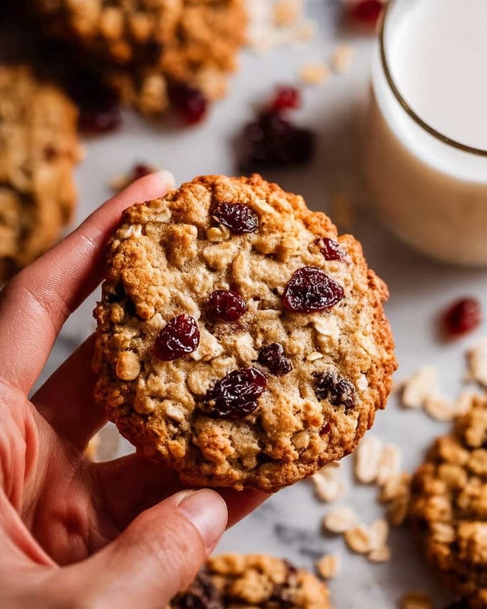 A close-up view of a golden brown oatmeal cookie with visible texture and small deep red dried cranberries scattered throughout its surface. The cookie has a rough, crumbly look with darker brown spots, indicating baked oats and raisins inside. A woman's hand is gently holding the edge of the cookie from the top left corner. In the background, more cookies lay scattered on a white marbled surface with some oat flakes and dried cranberries around them. There is a blurred glass of milk on the right side. photo taken with an iphone --ar 4:5 --v 7