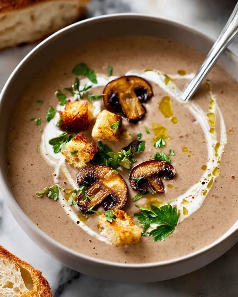 A creamy brown mushroom soup fills a round white bowl, topped with several glossy, sliced brown mushrooms arranged across the surface. Alongside the mushrooms, small golden croutons are scattered, with dollops of white cream drizzled in a wavy pattern across the soup. Bright green parsley leaves add a fresh touch on top, and a small pool of golden oil shines near the edges. A silver spoon rests inside the bowl, and a piece of buttered bread sits on the white marbled textured surface next to the bowl. photo taken with an iphone --ar 4:5 --v 7
