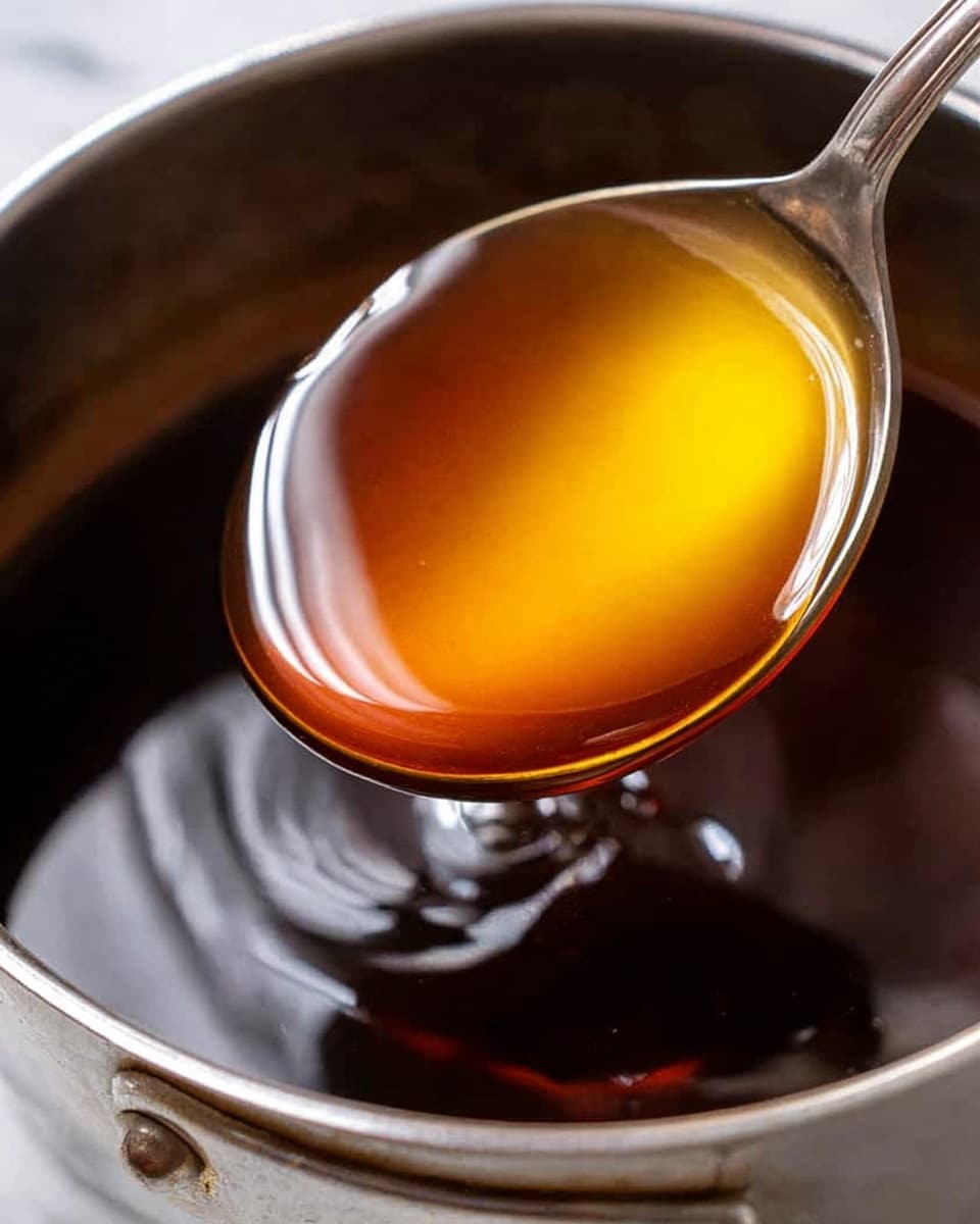 A close-up view of a shiny silver ladle holding golden amber liquid with smooth texture, raised above a dark, glossy liquid inside a metal pot. The dark liquid has slight ripples and reflections. The pot’s metal surface is visible with a rivet in the background. The scene rests on a white marbled surface, giving a clean and bright look. photo taken with an iphone --ar 4:5 --v 7
