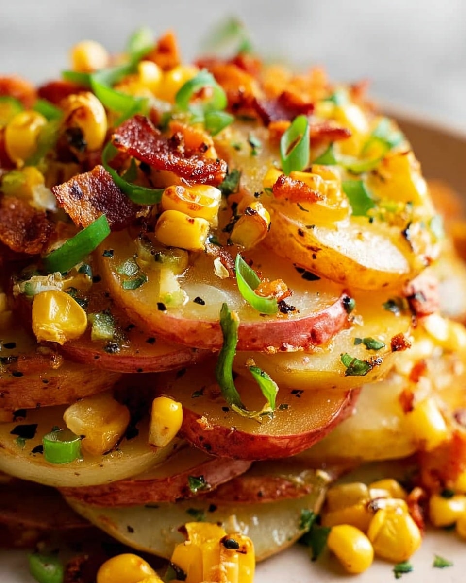 The image shows a close-up view of a layered dish with slices of soft red-skinned potatoes forming the base and middle layers, each slice revealing creamy white interiors. Scattered on and between the potato layers are bright yellow corn kernels, some with slight char marks, adding texture and color. Thin pieces of crispy reddish-brown bacon are mixed throughout, along with small pieces of green scallions providing contrast. The top layer is glossy with melted butter or oil, creating a shiny, slightly oily surface that captures light. The entire dish rests on a white marbled surface. photo taken with an iphone --ar 4:5 --v 7