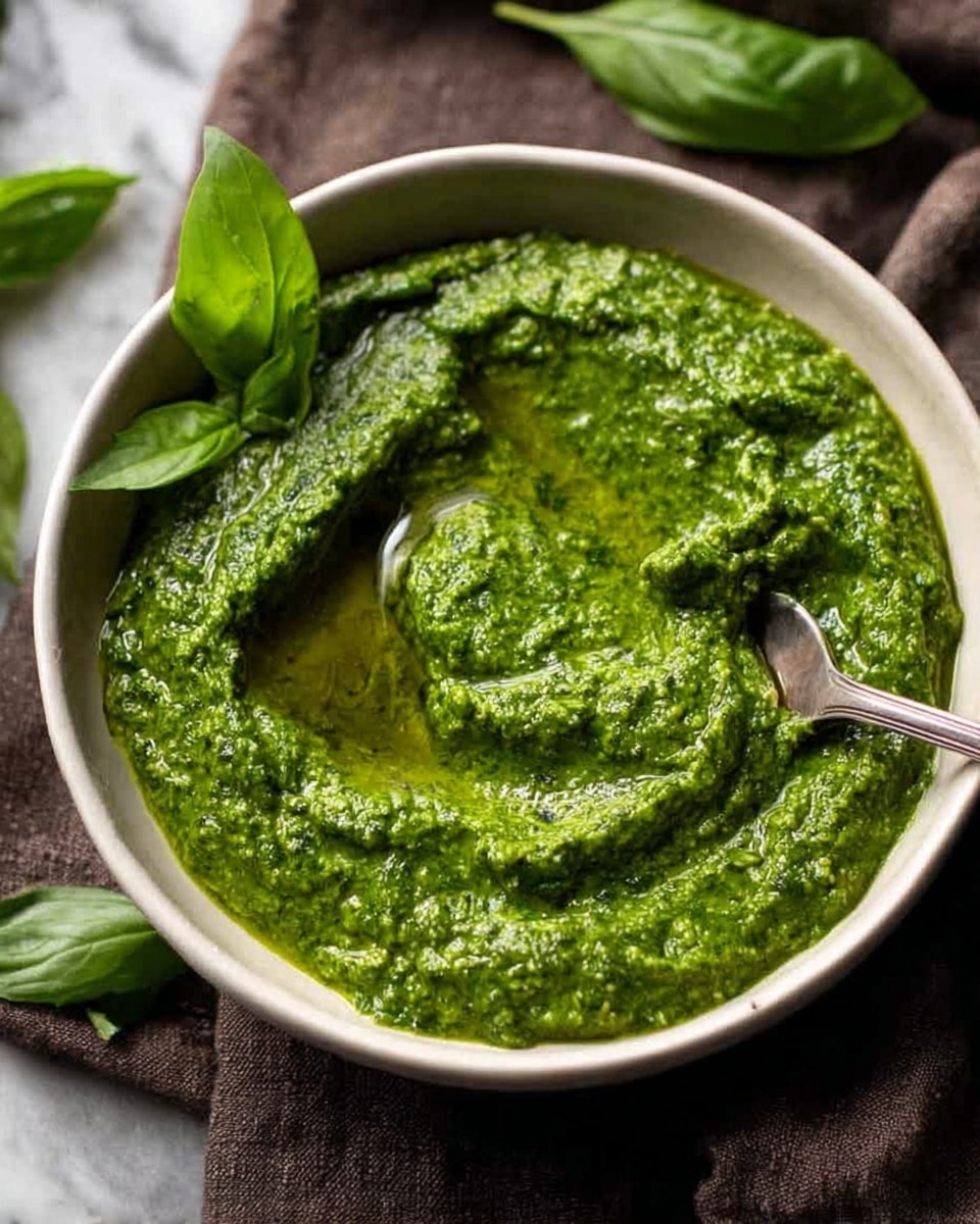 A shallow white bowl filled with a thick, textured green sauce of pesto that has small bits visible, topped with a swirl of olive oil that adds shine. Two fresh basil leaves sit on top near the edge of the bowl, and a tarnished silver spoon rests in the sauce on the right side, slightly covered in pesto. The bowl sits on a soft brown cloth, and some green basil leaves peek in from the corners, all set against a white marbled background. photo taken with an iphone --ar 4:5 --v 7