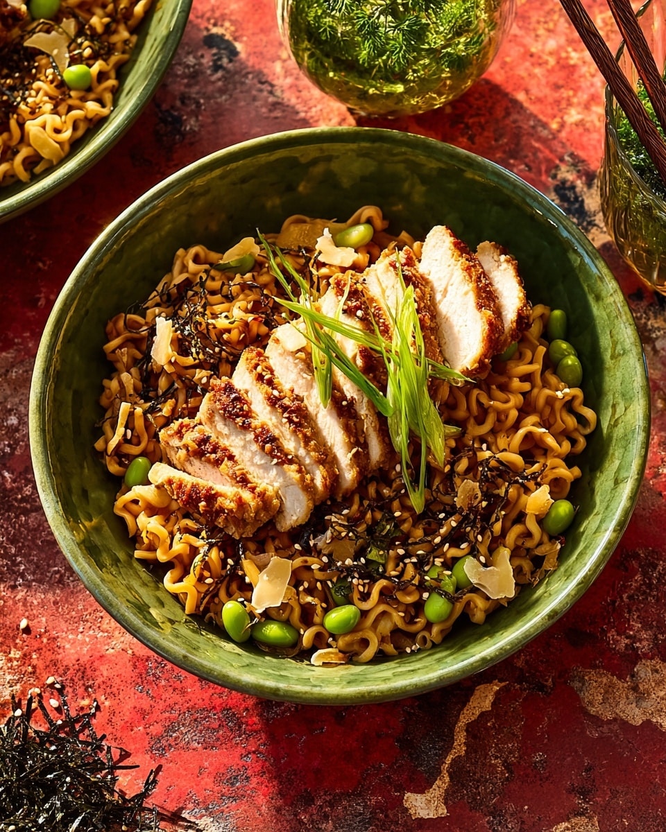 A bowl filled with a base layer of wavy, light brown noodles mixed with bright green edamame beans spread evenly throughout. On top, there is a layer of golden-brown crispy chicken slices arranged neatly, showing a crunchy texture. Garnished with a small bunch of thin green herbs and some black seasoning scattered lightly. Next to the chicken is a pale beige dollop of pickled ginger or similar, adding softness and color contrast. The bowl itself is a muted blue and sits on a white marbled surface with rustic red and black elements around. Photo taken with an iphone --ar 4:5 --v 7