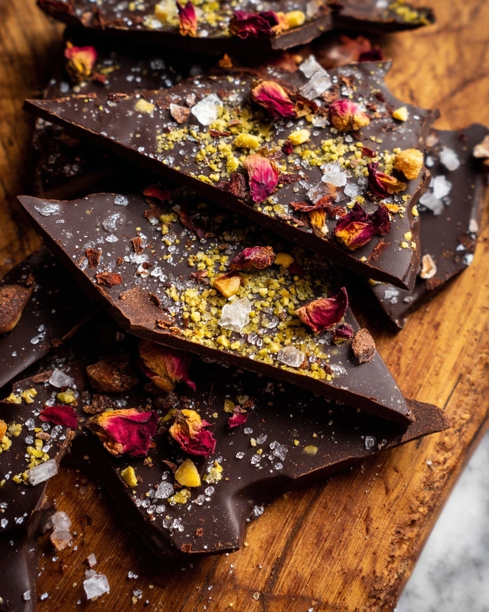 The image shows several irregularly broken pieces of dark chocolate bark spread out on a wooden surface now changed to white marbled texture. Each piece has a rough, glossy top layer of deep brown chocolate sprinkled with small bits of light yellow nuts, green pistachios, and tiny white seeds. There are also some reddish dried flower petals scattered on top, adding a touch of color. The bottom layer is slightly rougher and darker. Some pieces show a mix of chocolate and nuts inside, while coarse sea salt crystals are also visible on the glossy surface, giving it a textured look. Photo taken with an iphone --ar 4:5 --v 7