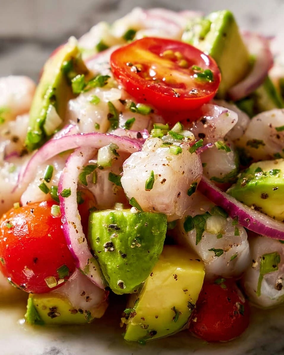 A close-up of a fresh ceviche showing small white fish cubes mixed with light green avocado chunks, thin purple onion slices, and bits of green herbs scattered throughout. Bright red cherry tomatoes, some whole and some halved, add a vibrant contrast, sitting on top and around the mixture. The ingredients look moist with light seasoning of black pepper visible on the fish and vegetables. The background has a white marbled texture. photo taken with an iphone --ar 4:5 --v 7