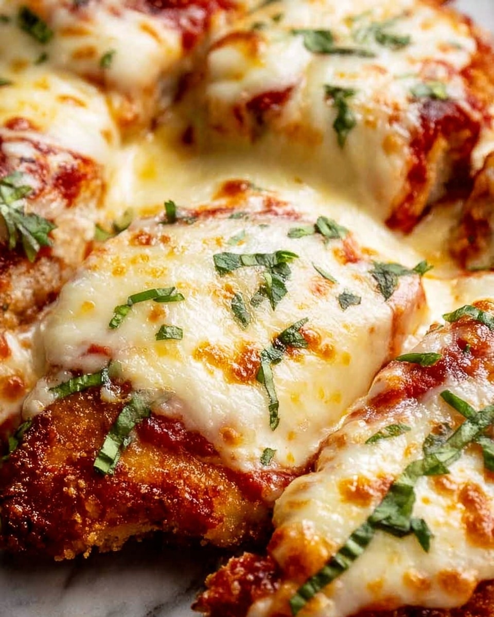 A close-up view of several pieces of chicken covered with three layers: a crispy golden-brown fried chicken base, topped with a layer of bright red tomato sauce, and finished with a gooey, melted creamy white cheese layer that spreads unevenly over each piece. Freshly chopped green basil leaves are sprinkled on top, adding color contrast. The dish is set against a white marbled texture, and the focus sharpens on the texture of the melted cheese and the crunchy chicken underneath. photo taken with an iphone --ar 4:5 --v 7