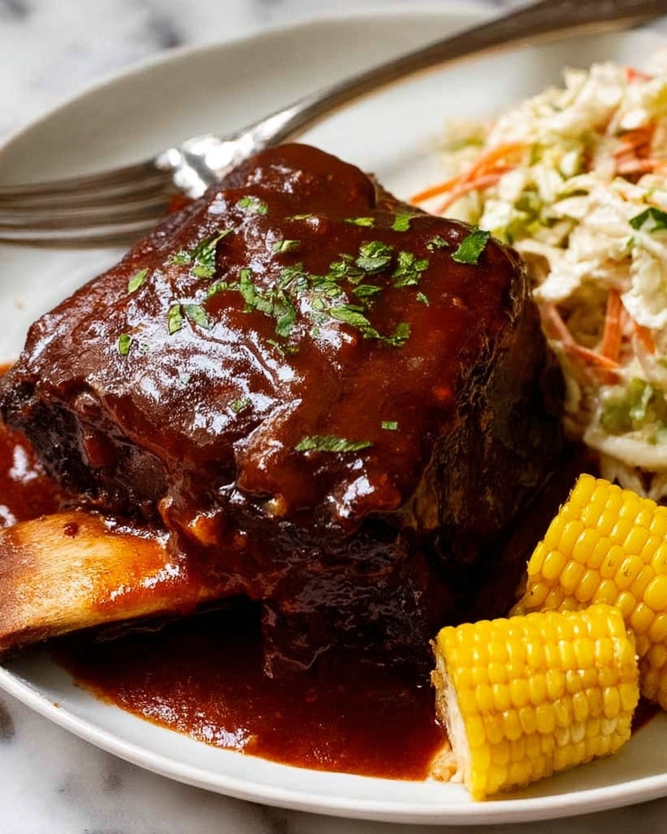 A close-up view of a large piece of beef rib covered in shiny, dark red barbecue sauce sprinkled with small green herbs, resting on a white plate. The rib shows a thick bone on the lower left side with a slightly burnt edge. To the right, there is a creamy coleslaw with white, orange, and green shredded vegetables mixed together. In front of the coleslaw, two bright yellow corn cob sections are placed side by side. A silver fork is angled on the left edge of the plate next to the rib. The whole scene is set on a white marbled textured surface. photo taken with an iphone --ar 4:5 --v 7