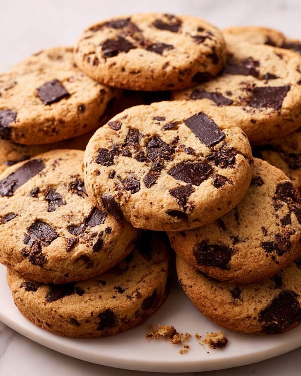 A stack of round chocolate chip cookies with a golden brown color is shown on a white plate. Each cookie is thick and slightly cracked on the surface, showing dark, uneven pieces of chocolate embedded throughout. The cookies are piled up casually, overlapping each other with some crumbs scattered on the plate below. The background is a white marbled texture, highlighting the warm tones of the cookies. Photo taken with an iphone --ar 4:5 --v 7