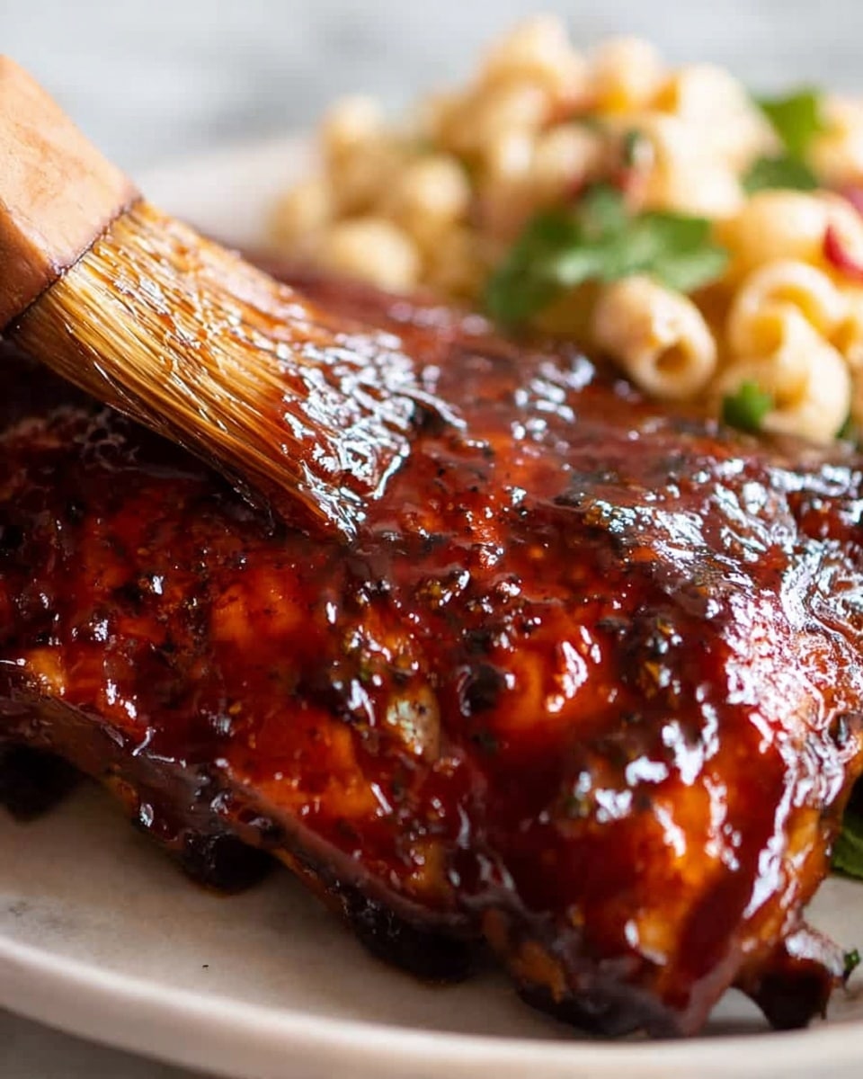 A close-up of a thick piece of grilled meat covered in shiny, dark reddish-brown barbecue sauce being brushed with a wooden brush. The meat has a tender, slightly charred texture with visible sauce drips. On the right side, there is a small portion of creamy macaroni salad with bits of black pepper and red pepper flakes. At the back, some green leafy garnish is slightly blurred. All items are on a white plate on a white marbled surface. photo taken with an iphone --ar 4:5 --v 7