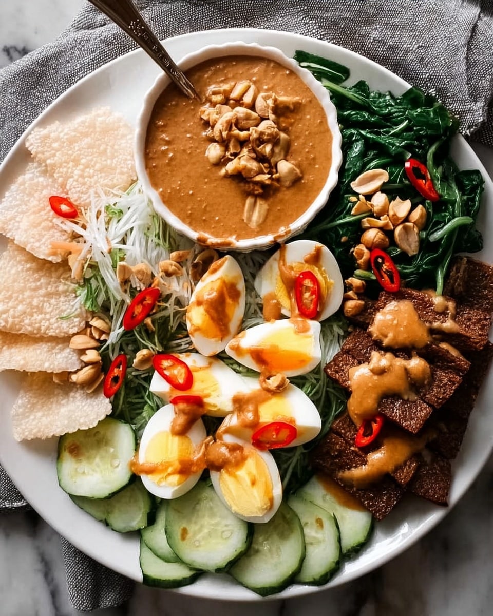 A white plate holds a colorful arranged dish on a white marbled surface. There is one small white bowl filled with light brown peanut sauce topped with crushed peanuts and a spoon inside, positioned on the left side. Around the bowl, sliced boiled eggs with bright yellow yolks are topped with peanut sauce and chopped red chili. Below the bowl, white bean sprouts are placed with some sauce on top. Above the sprouts are dark green cooked greens also drizzled with sauce and small pieces of red chili. On the right side of the plate, there are several brown slices of fried tempeh stacked next to the eggs. At the bottom right are fresh green cucumber slices with peanut sauce and crushed peanuts sprinkled on top. In the very top left corner, two pink prawn crackers rest slightly on the plate's edge. A woman's hand is holding a spoon in the peanut sauce bowl. Photo taken with an iphone --ar 4:5 --v 7
