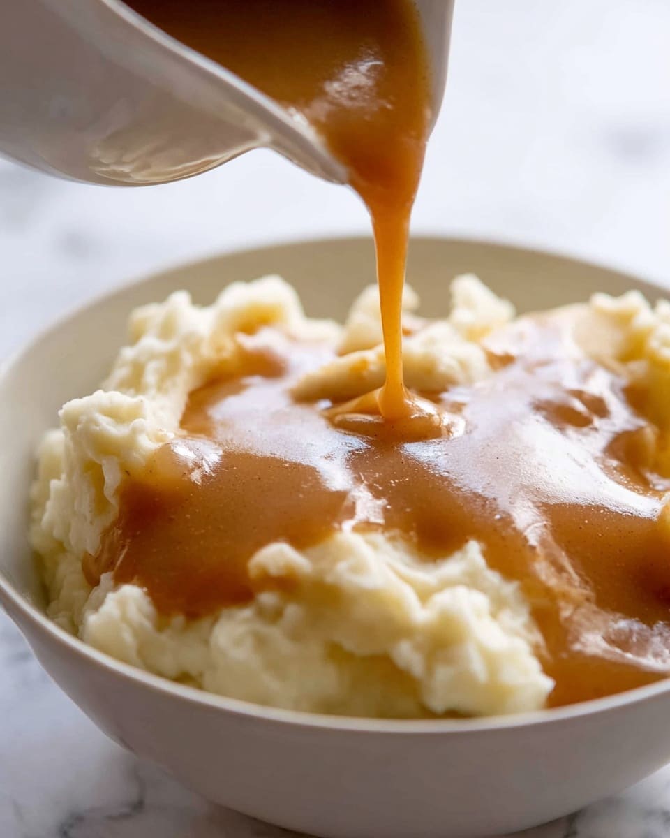 A close-up image shows a bowl filled with creamy white mashed potatoes as the base layer, with smooth brown gravy being poured on top from a white jug, creating a glossy and thick layer that spreads over the mashed potatoes. The bowl is white, and the smooth gravy contrasts with the soft texture of the mashed potatoes beneath it. The scene is set on a white marbled surface. photo taken with an iphone --ar 4:5 --v 7