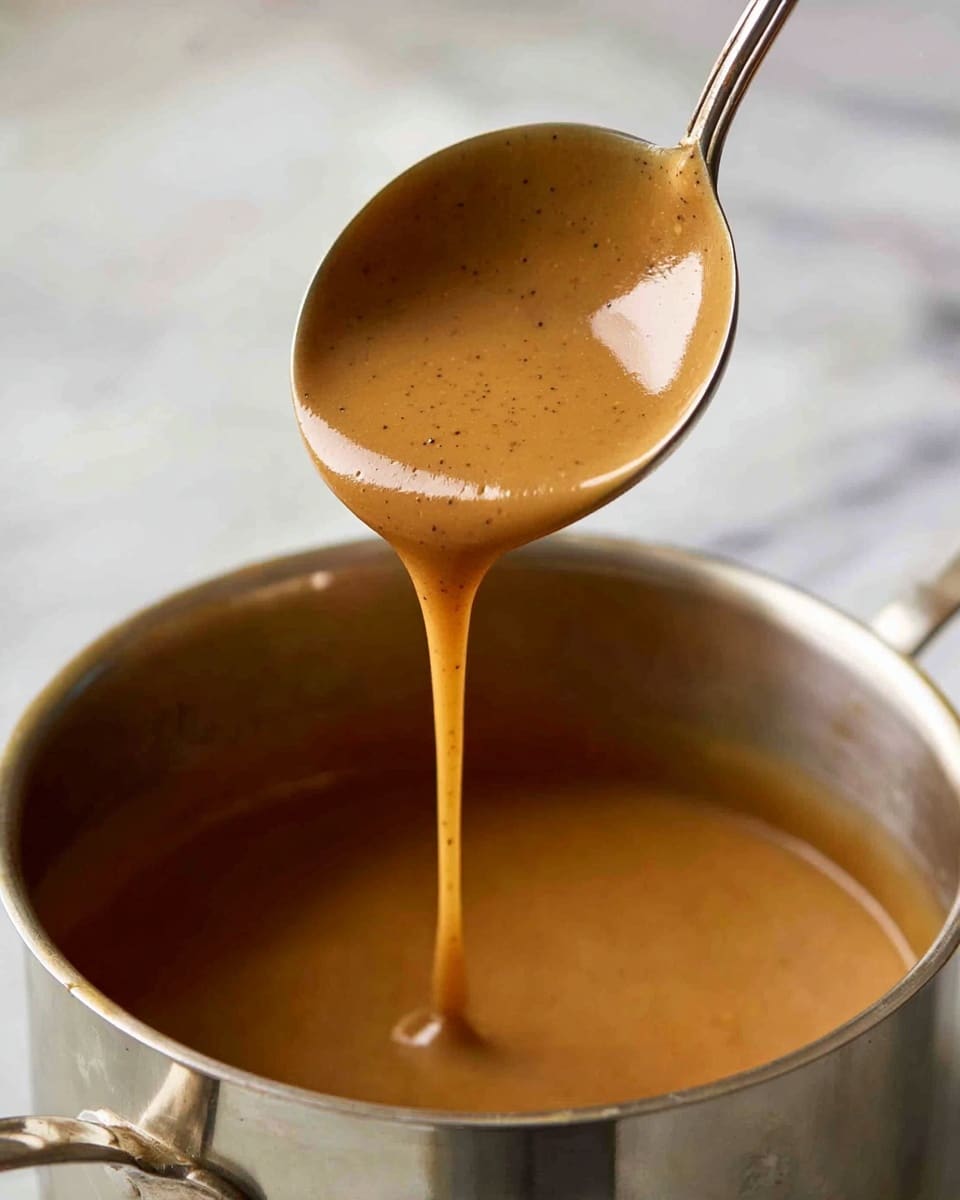 A close-up of a ladle lifting smooth brown gravy from a large silver pot. The gravy is thick and shiny with small black specks, and a slow drip falls back into the pot. The background is softly blurred with a white marbled texture. photo taken with an iphone --ar 4:5 --v 7