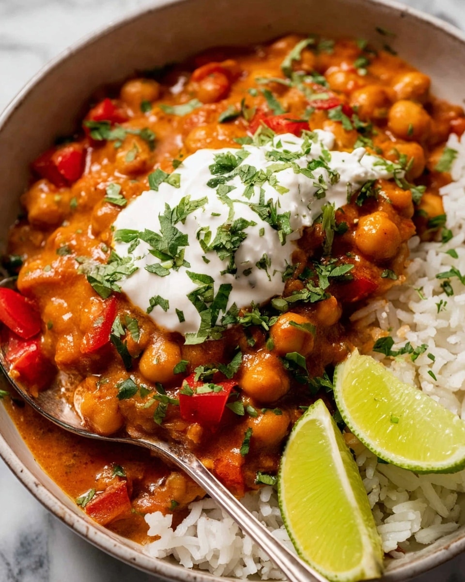 The image shows a bowl with three main layers: the bottom layer is white rice with separated grains; on top of the rice is a thick, orange-brown chickpea curry mixed with small pieces of red pepper and green herbs, giving it a chunky and slightly creamy texture; layered next to the curry is a dollop of white yogurt sauce sprinkled with finely chopped green herbs; the dish is garnished with two bright green lime wedges resting on the curry; the bowl is white, and the surface beneath it has a white marbled texture; a silver spoon is partially visible on the side, slightly under the bowl. photo taken with an iphone --ar 4:5 --v 7