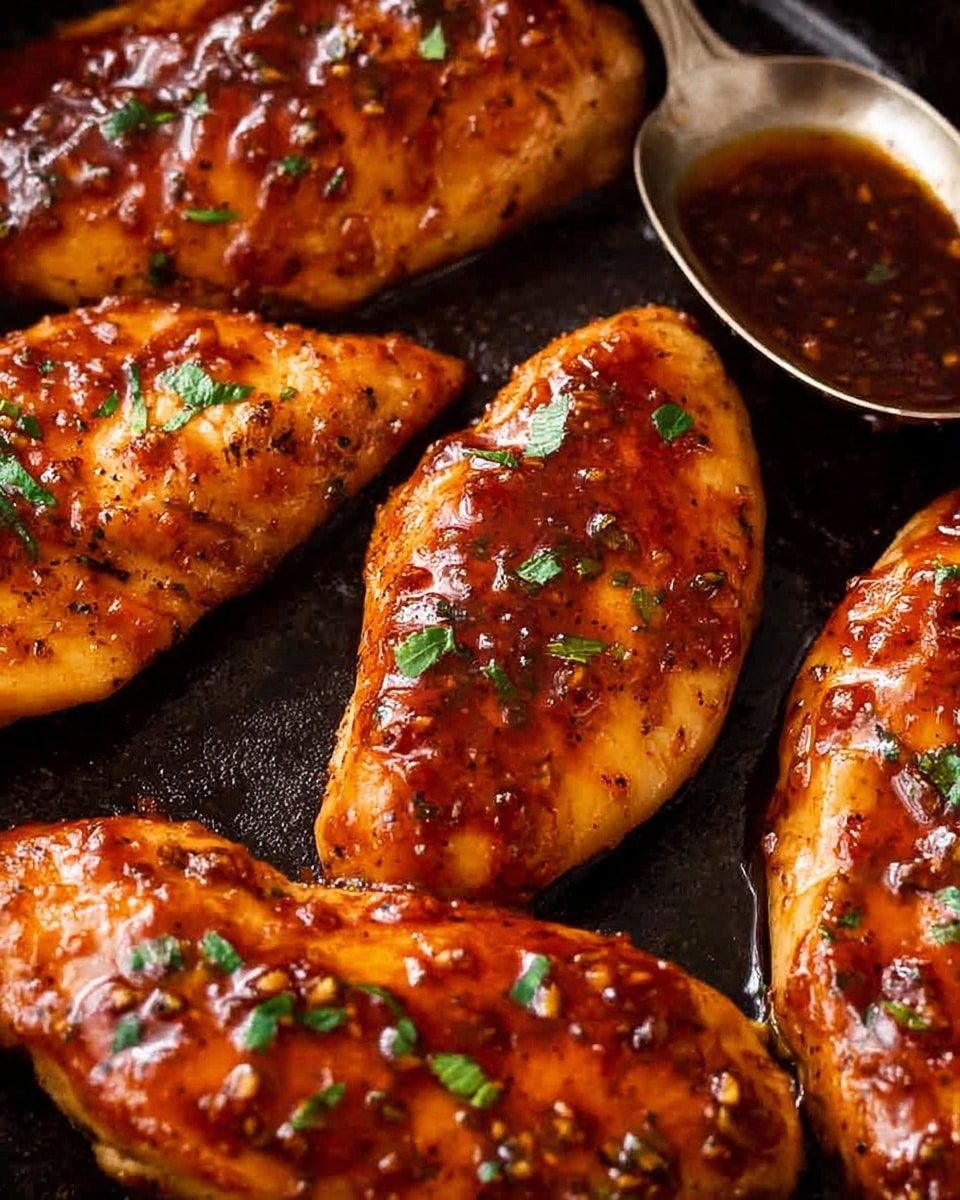 Close-up of four pieces of grilled chicken breasts covered in a shiny, sticky reddish-brown glaze sauce with visible black pepper and small bits of seasoning, sprinkled with finely chopped green herbs. The chicken pieces have a slightly crispy texture and are sitting in a dark pan with some sauce pooling around them. A spoon with some sauce rests near the top edge of the pan. The photo background is a white marbled texture. photo taken with an iphone --ar 4:5 --v 7