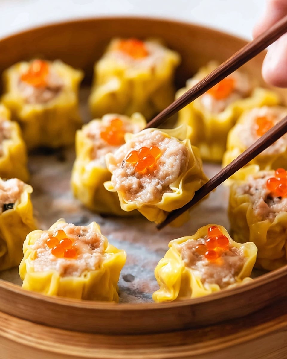 The image shows a cluster of dim sum shumai arranged closely on a white marbled surface, each piece wrapped in delicate yellow dumpling skin that curves around a light brown minced filling. The filling is topped with a small mound of vibrant orange fish roe on each dumpling, adding a pop of color and texture. One shumai is gently lifted by two dark brown chopsticks held by a woman's hand, revealing the soft, moist texture of the filling inside and the smooth, slightly crinkled dumpling wrapper. The overall look is warm and inviting with a soft focus that emphasizes the rich colors and textures of the shumai photo taken with an iphone --ar 4:5 --v 7