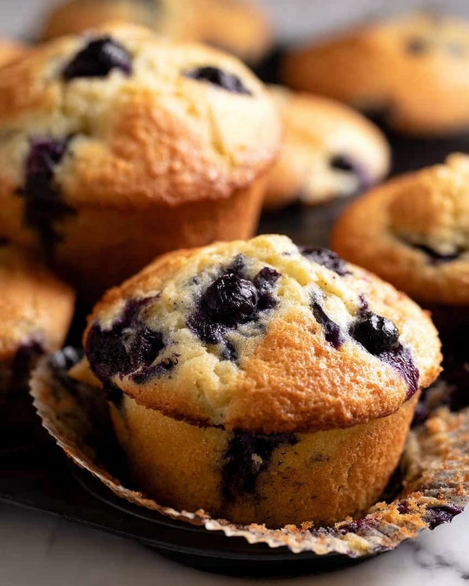 A close-up of a golden-brown blueberry muffin with a slightly cracked top, revealing dark purple blueberries inside. The muffin is partially wrapped in a light beige paper liner that is slightly peeled away, showing the soft and moist texture of the muffin beneath. Around it, other similar muffins with golden tops and scattered dark blueberries are visible, all resting in a black metal muffin tray. The background surface has a white marbled texture. photo taken with an iphone --ar 4:5 --v 7