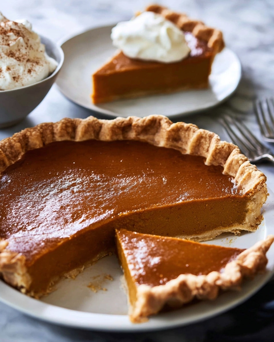 A close-up of a pumpkin pie with a shiny, smooth, deep orange filling and a thick, golden brown crust with crimped edges, placed on a white plate. One slice is partially taken out, showing the creamy texture of the filling and the flaky crust. In the background, there is a slice of the same pie topped with a dollop of white whipped cream on a white plate, and next to it, a bowl of white whipped cream sprinkled lightly with a brown spice. The surface beneath everything is a white marbled texture. Photo taken with an iphone --ar 4:5 --v 7