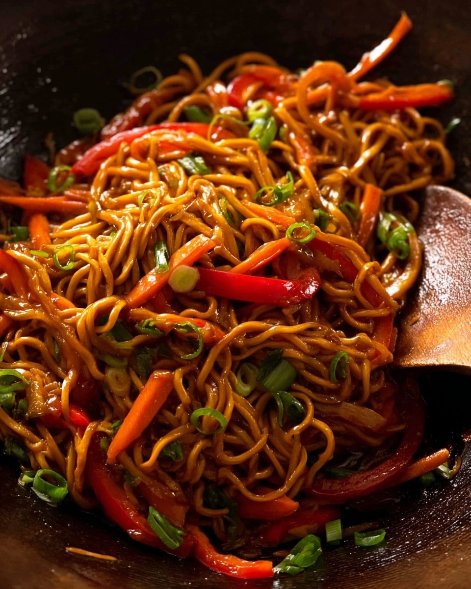 The image shows a close-up of a stir-fried noodle dish with three main layers: the bottom layer is thick, golden-brown noodles coated in a glossy soy sauce; the middle layer consists of thin, bright orange carrot sticks and sliced red bell peppers adding color and texture; the top layer has chopped green onions scattered throughout, giving a fresh green touch, all mixed together in a dark wooden wok with a wooden spatula visible on the right side. photo taken with an iphone --ar 4:5 --v 7