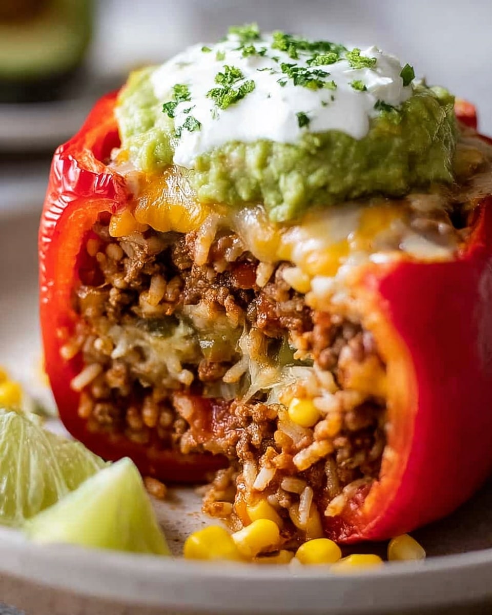 A close-up of a stuffed red bell pepper cut to show its inside layers, placed on a white plate on a white marbled texture surface. The first outer layer is the glossy red pepper shell, then inside is a thick layer of cooked ground beef mixed with corn kernels and melted cheese, showing a moist and textured mix. On top, there is a dollop of bright green guacamole and a smooth white cream sauce, garnished with small bits of fresh green herbs. The layers create a rich, colorful contrast between red, brown, yellow, green, and white. photo taken with an iphone --ar 4:5 --v 7